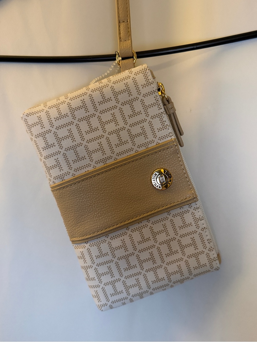 Tommy Hilfiger Beige Logo Wristlet with Gold-Tone Accent